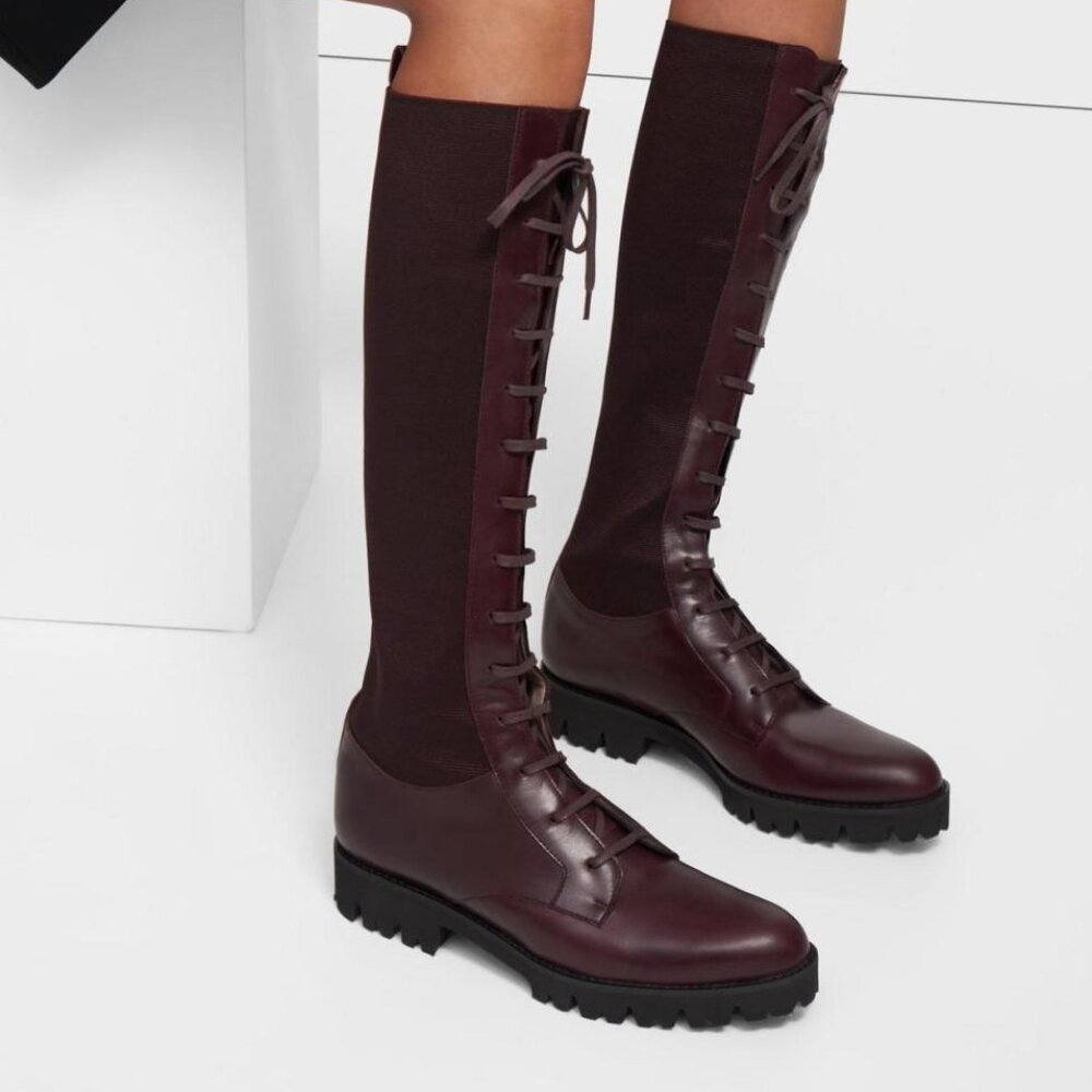 $575 THEORY Leather Laced Lug Knee-high Boots OLIVE GREEN COLOR** US 11